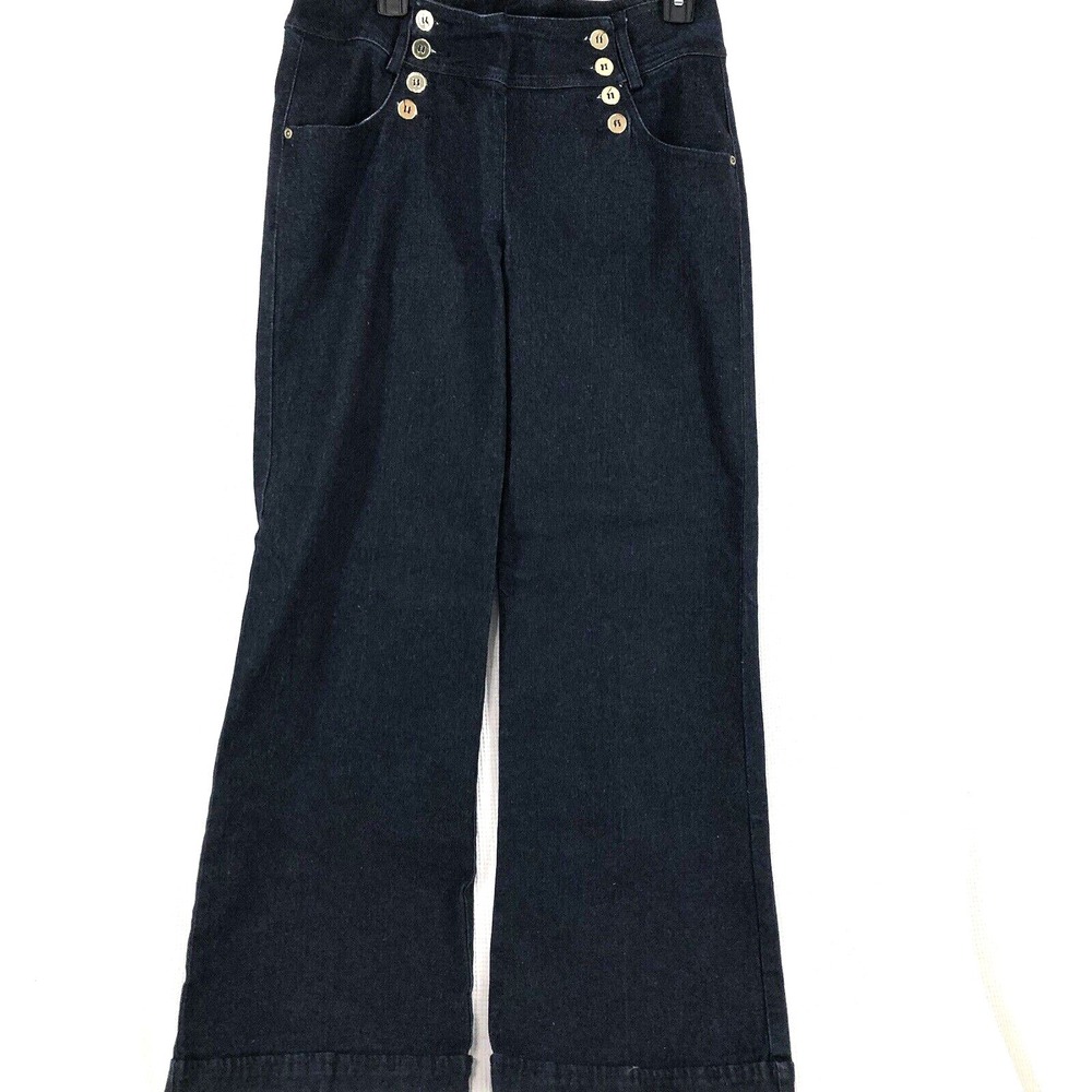 DGH jeans womens 8 blue denim flare leg stretch gold button accent dark wash NWT